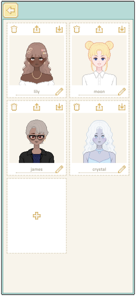 PIXPIX: Make my Avatar - A gallery of four custom pixel art avatars with various styles and names like lily moon james and crystal