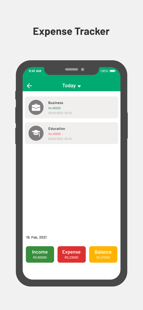 Budget Planner & Tracker - Interfaz de la aplicación Planificador de Presupuestos que muestra un resumen diario de ingresos, gastos y saldo total.