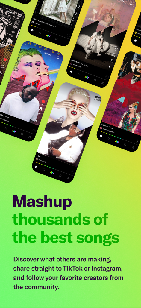 MashApp app discovery feed showing mashups of popular songs to share on TikTok and Instagram