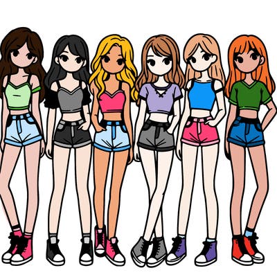 a group of girls wearing crop tops and shorts