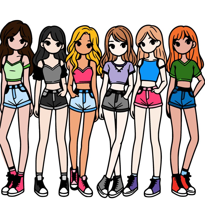 a group of girls wearing crop tops and shorts