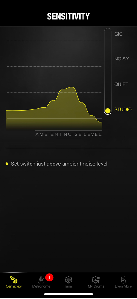 Drumtune PRO | Drum Tuner - Sensitivity settings screen in the Drumtune PRO app showing an ambient noise level graph and adjustment slider for studio, quiet, noisy, and gig environments.