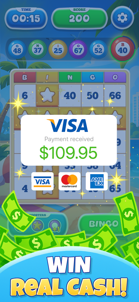 Écran de l'application Bingo Golden montrant une notification de paiement reçu pour un prix en argent réel.