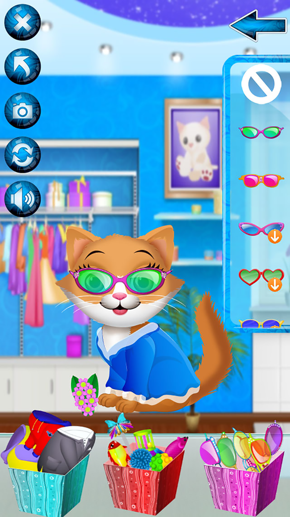 Kitten Spa - Animal Makeover Games (Boys & Girls) - A ginger kitten wearing green sunglasses and a blue robe in a virtual dress up room.