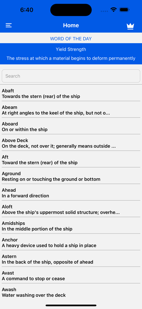 Home screen of the Maritime Terms and Dictionary app showing an alphabetical list of nautical definitions