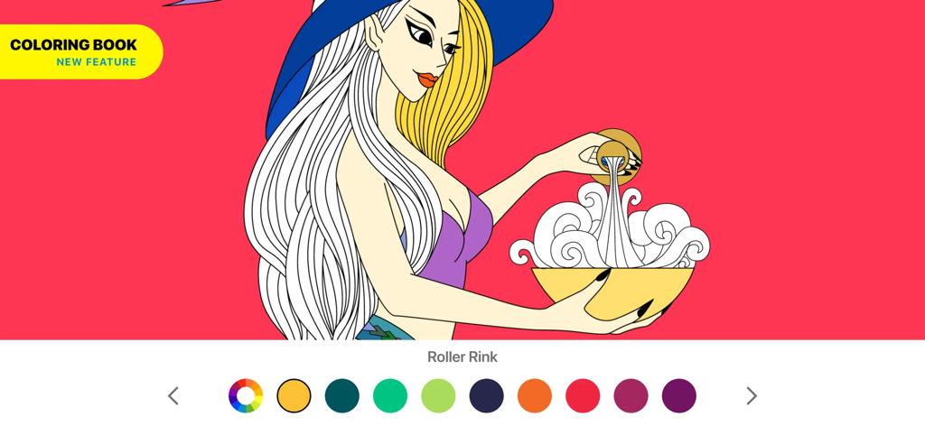 Drawing ▫ - Interface de livro de colorir digital com uma ilustração de uma mulher e uma paleta de cores.