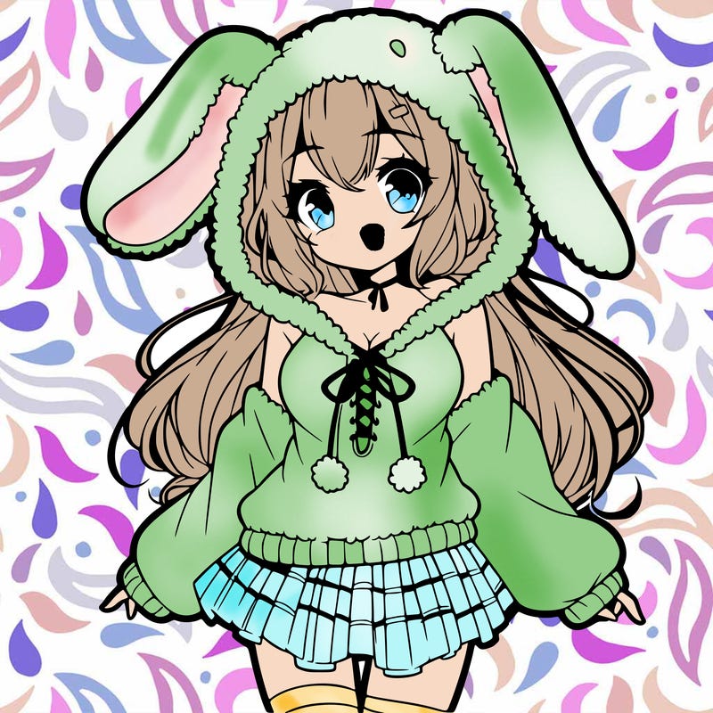 pretty anime girl wearing a fluffy hoodie with bunny ears on the hood and a skirt