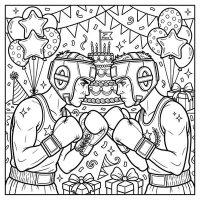 Get ready for an unexpected celebration with this unique boxers staredown birthday coloring page. It perfectly blends the intensity of a boxing match with the joyful chaos of a birthday party.