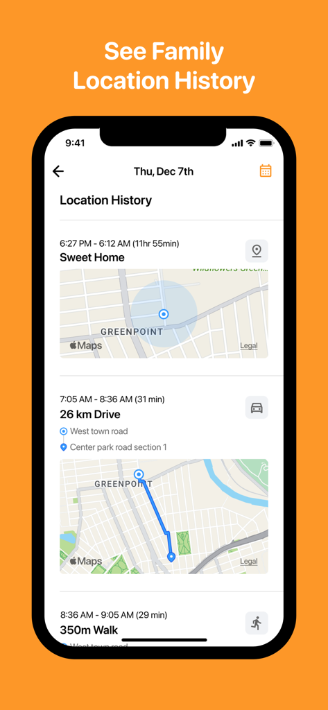 AlfredCircle: Location Tracker - Screenshot of AlfredCircle app showing a detailed family location history timeline with maps of driving and walking routes