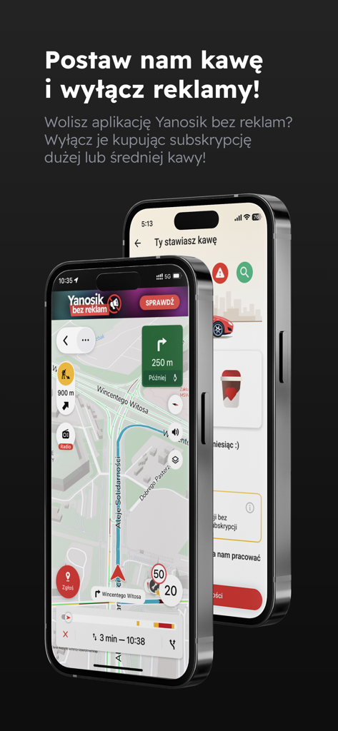 Yanosik app navigation map and coffee subscription screen to disable ads displayed on two iPhones