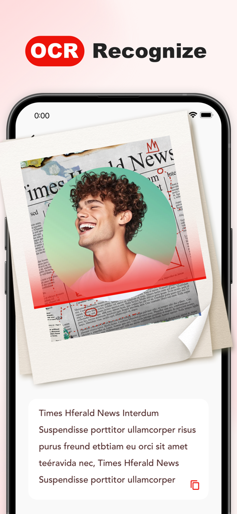 Aplicativo móvel EasePDF Pro mostrando reconhecimento de texto OCR de um documento digitalizado.