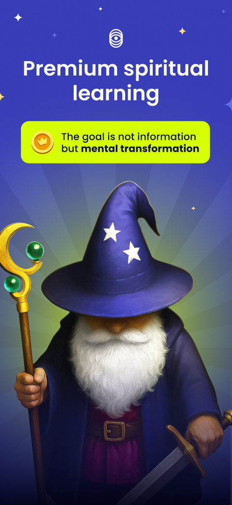 Astra Trainer - A wizard illustration with a staff and sword below the text Premium spiritual learning and mental transformation in the Astra Trainer app.