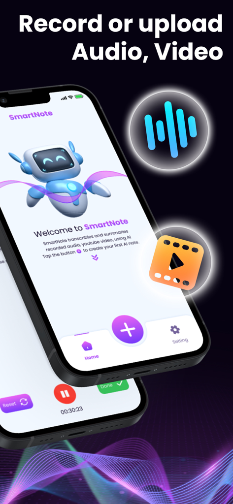 SmartNote - AI Note Taker - SmartNote app interface showing features to record or upload audio and video for AI transcription