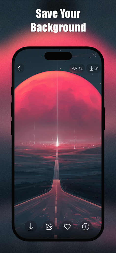 Smartphone displaying a red moon wallpaper with option to save background