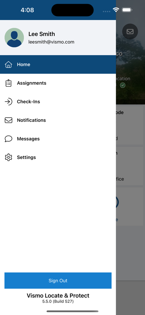 Vismo: Locate & Protect - Side navigation menu of the Vismo app showing user profile and account options
