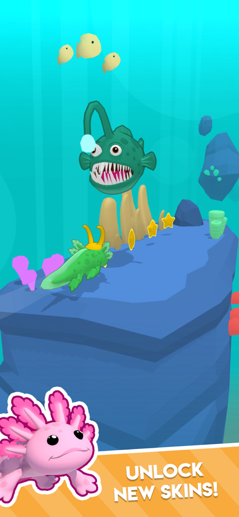 Axolotl Rush - Green axolotl with a crown swimming through an underwater obstacle course to unlock new skins.