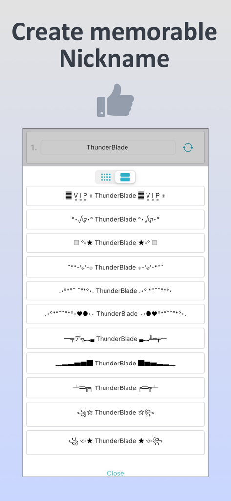 Interface showing stylized gaming nicknames with symbols and unique fonts.