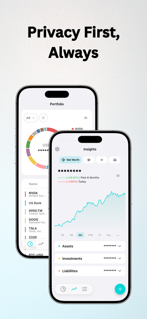 Interfaccia dell'app Synx che evidenzia il tracciamento del patrimonio netto incentrato sulla privacy e approfondimenti sul portafoglio di investimenti con grafici dettagliati