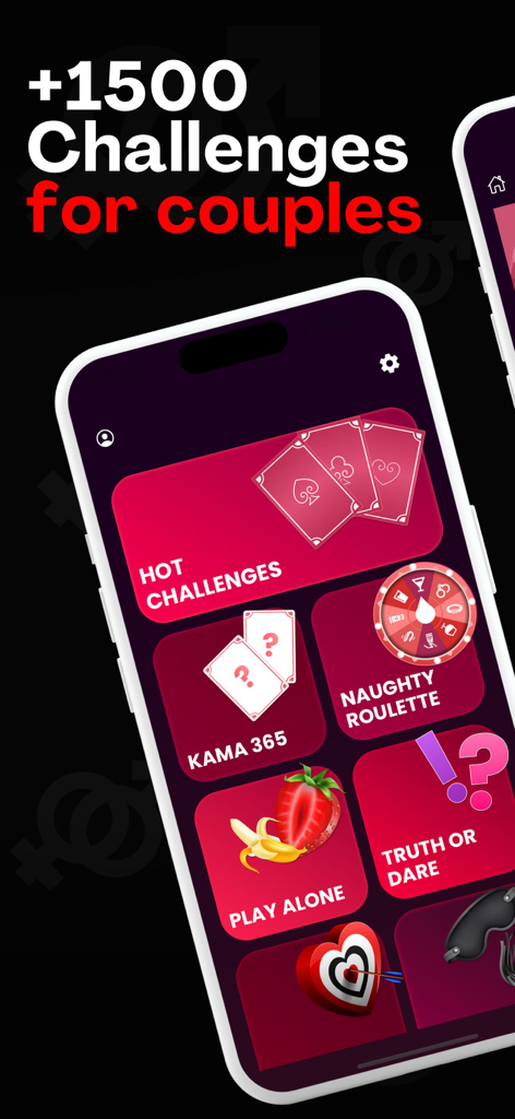 Couples Games: Naughty & Dirty - Interfaz de la aplicación Juegos para Parejas mostrando varios modos de juego como Desafíos Calientes, Ruleta Picante y Verdad o Reto