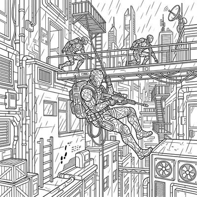 Embark on an exhilarating coloring journey with this detailed full-scene illustration of stealth cyborgs executing a covert operation. Perfect for those who love sci-fi, action, and complex urban landscapes.