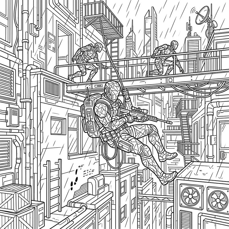 Embark on an exhilarating coloring journey with this detailed full-scene illustration of stealth cyborgs executing a covert operation. Perfect for those who love sci-fi, action, and complex urban landscapes.