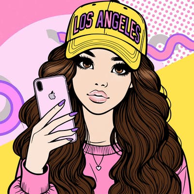 realistic beautiful girl wearing los ángeles cap holding an iphone