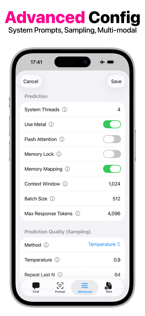 OfflineLLM: Private AI Chat - Screenshot of the advanced configuration page in the OfflineLLM app displaying settings for prediction and sampling on an iPhone.