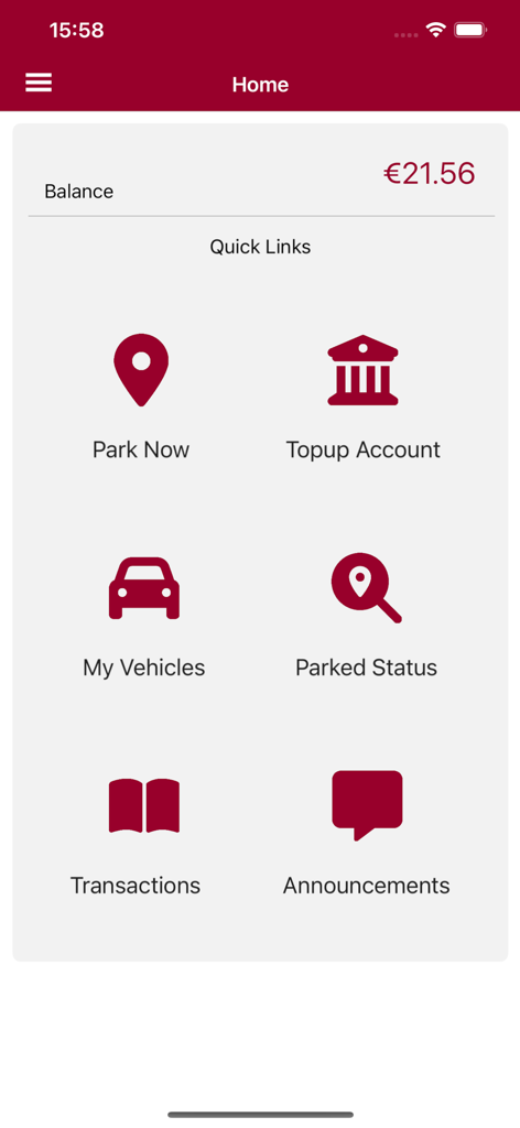 Home screen of the Galway City Parking app showing account balance and quick links for parking and vehicle management