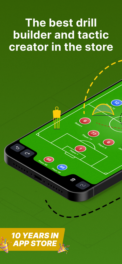 Coach Tactic Board: Soccer++ - Digital soccer tactical board showing player positions and training drills on a smartphone screen