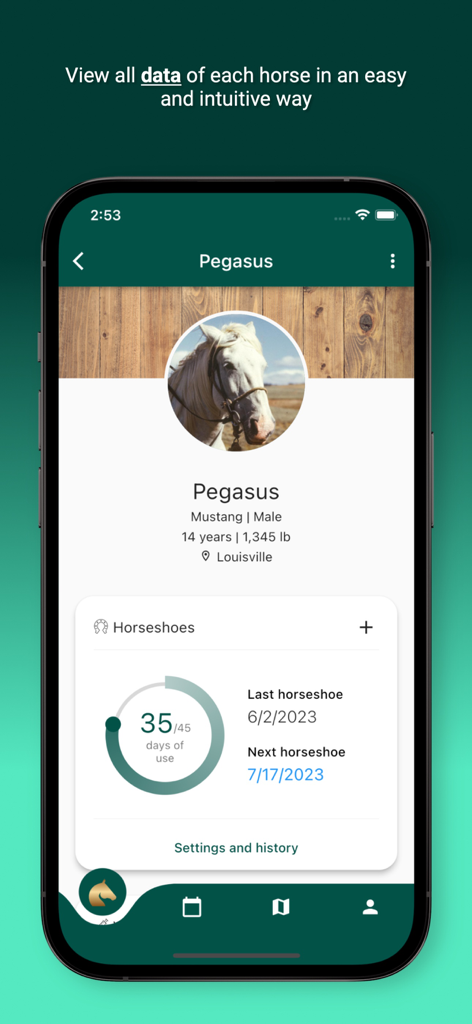 Horsefy - Horse profile screen displaying health data and horseshoe tracking in the Horsefy app.