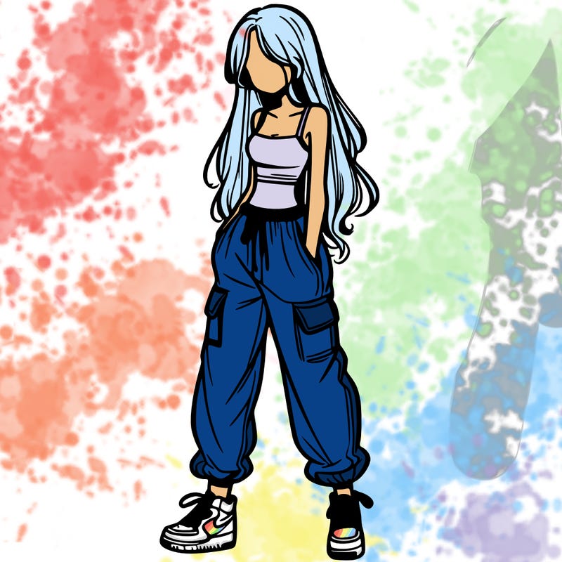 girl in baggy pants crop top and long hair