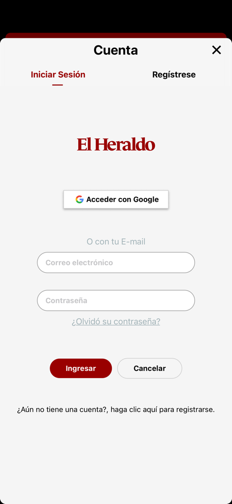 Diario El Heraldo Honduras - Login screen for the Diario El Heraldo Honduras mobile app showing email and Google sign in options