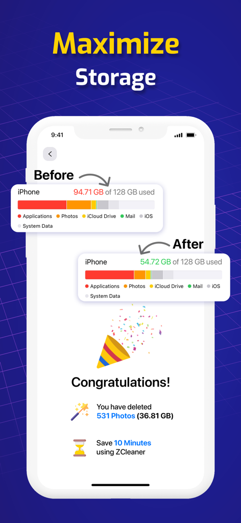Aplicación ZCleaner mostrando el almacenamiento recuperado después de eliminar fotos en el iPhone