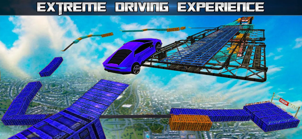 Car Stunt Races Mega Ramps - Um carro esportivo roxo realizando acrobacias em mega rampas de alta altitude acima de uma cidade