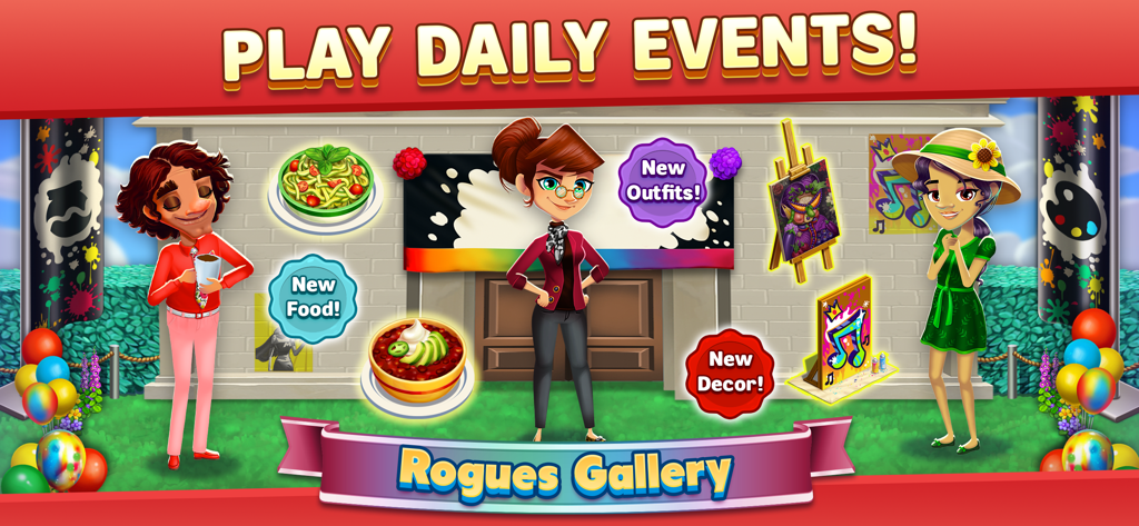 Diner DASH Adventures characters showcasing daily events with new food outfits and decor in the Rogues Gallery