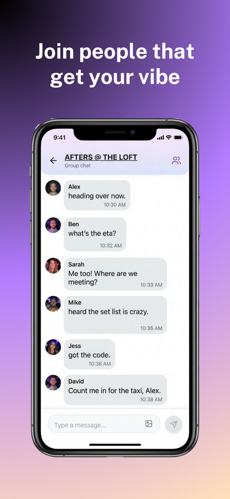 Smartphone screen showing a group chat on the Toki Social Map app where users coordinate for an event called Afters at the Loft.