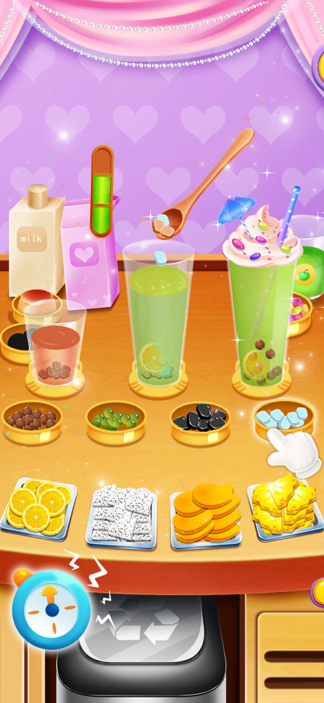 Colorful Bubble Tea Shop - Gameplay screen of Colorful Bubble Tea Shop showing the preparation of various boba drinks and fruit toppings