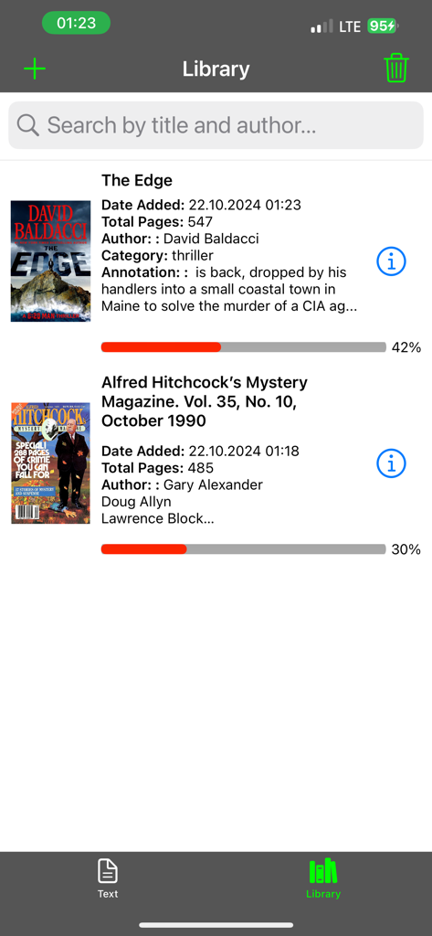 eBookReader: FB2 & EPUB Reader - Interfaz de biblioteca de la app eBookReader mostrando una lista de libros con barras de progreso de lectura