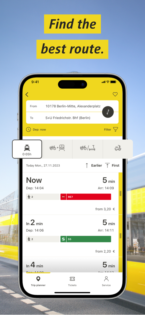 Application BVG Fahrinfo affichant les options d'itinéraire et les prix des billets pour les transports en commun à Berlin