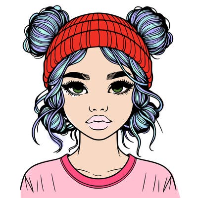 realistic girl with buns in her hair with a beanie on