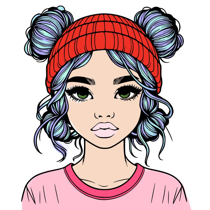 realistic girl with buns in her hair with a beanie on