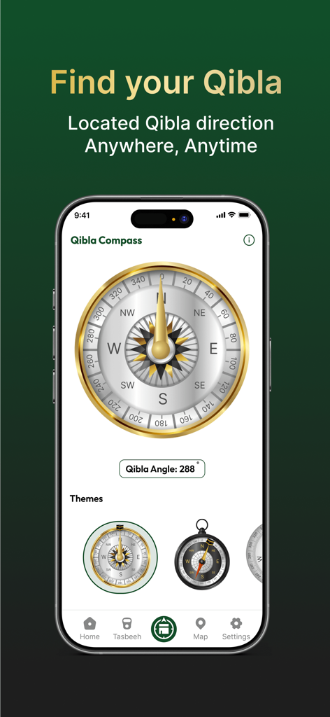 Muslim Prayer - Qibla Compass - Digital Qibla compass interface showing direction to the Kaaba with multiple theme options