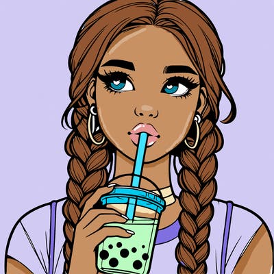realistic girl with braided hair drinking boba