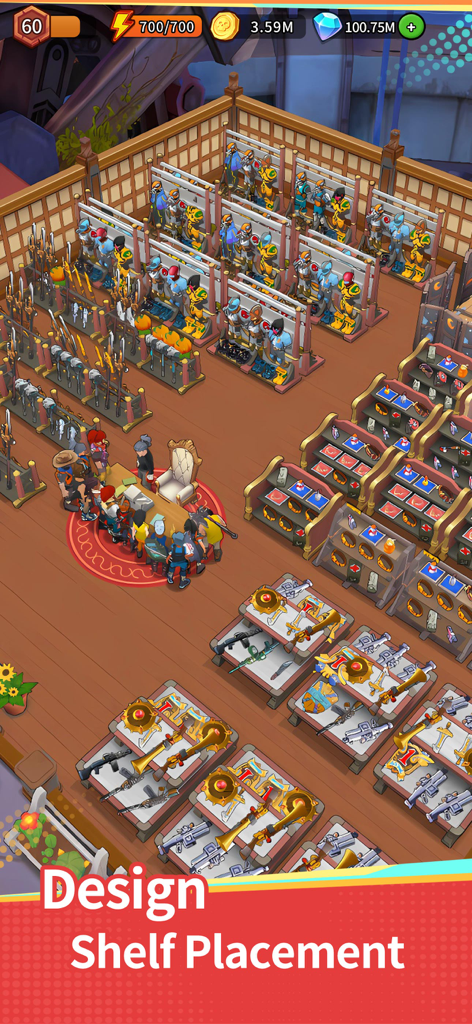 My Forge Shop: Sim Supermarket - マイ・フォージ・ショップの鍛冶屋のトップダウンビュー。防具、剣、銃が整理された棚に並べられ、カウンターには顧客が待っている様子。