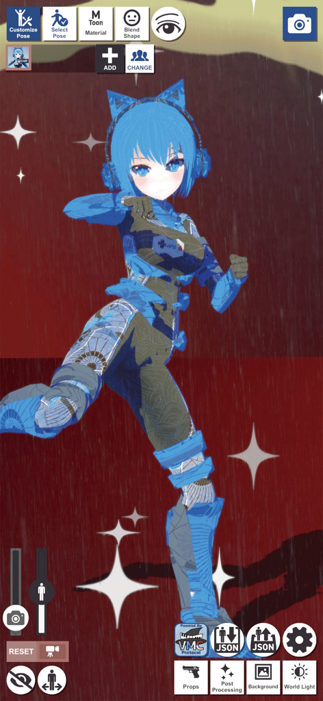 VRM Posing Mobile - A 3D anime character in a dynamic action pose within the VRM Posing Mobile app interface