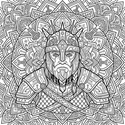 Dive into an extraordinary coloring experience with this Jarl Mandala, where ancient Viking power meets a futuristic cyberpunk aesthetic. This intricate design invites you to explore a world of detailed armor, circuit patterns, and Norse symbolism within a perfectly symmetrical circular layout.