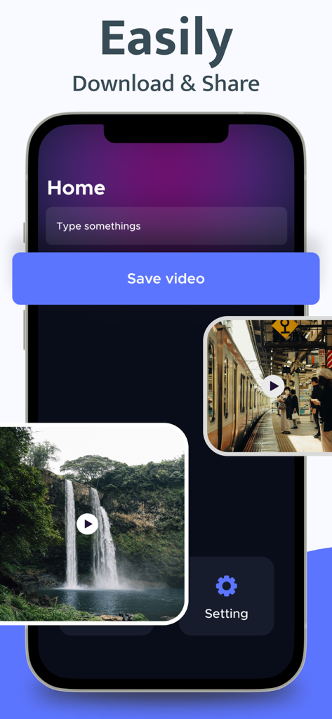 Video Downloader: Status Saver - Interface de um aplicativo de download de vídeo mostrando uma tela inicial com um botão de salvar vídeo e miniaturas de uma cachoeira e uma estação de trem