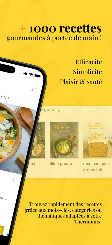 スマートフォン画面上のYummixアプリのインターフェース。黄色い背景にThermomixマルチクッカー用のヘルシーレシピとカテゴリが表示されています。