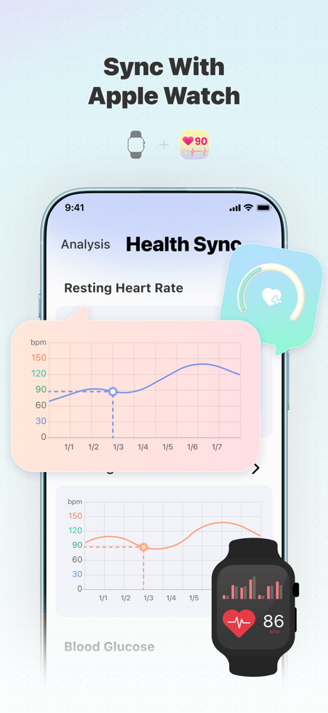 Health Partner: Pulse & Sugar - Interfaccia di un'app mobile che mostra grafici di analisi della frequenza cardiaca e sincronizzazione con un Apple Watch.