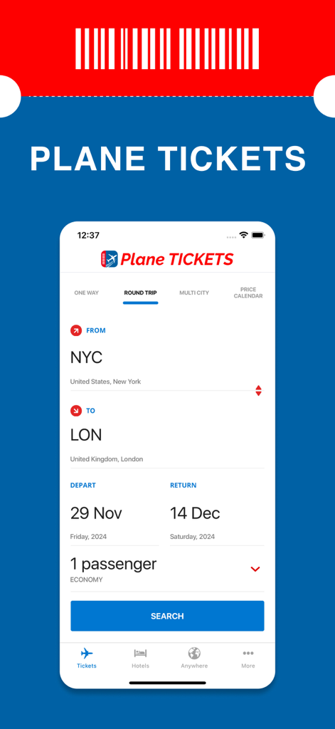 Plane & Airline Tickets - Mobile app interface for searching round trip flights from New York to London